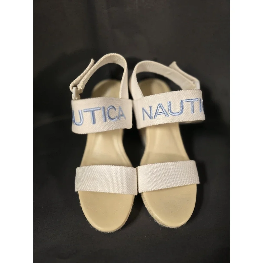Nautica Shoes Sandals Espadrilles Open‎ Toe Wedge Logo White Strap Women's 8